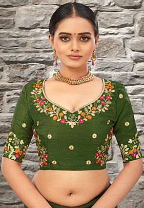 Embroidered Art Silk Blouse in Olive Green