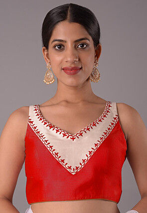 Embroidered Art Silk Blouse in Red