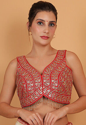 Embroidered Art Silk Blouse in Red