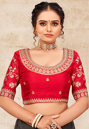 Embroidered Art Silk Blouse in Fuchsia