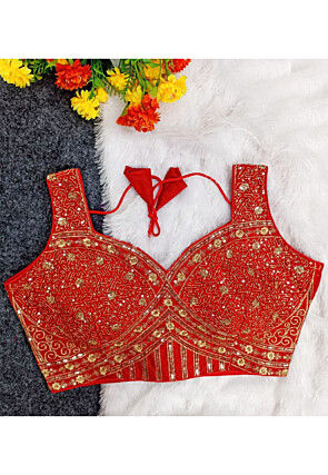 Embroidered Art Silk Blouse in Red