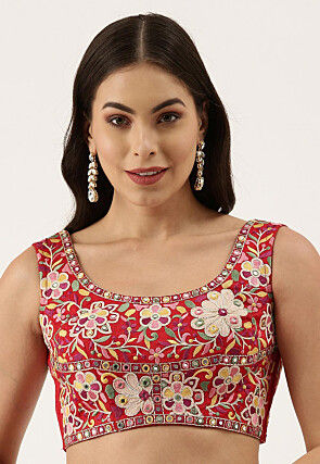 Embroidered Art Silk Blouse in Red