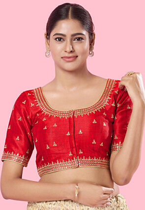 Embroidered Art Silk Blouse in Red