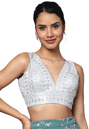 Embroidered Art Silk Blouse in Silver