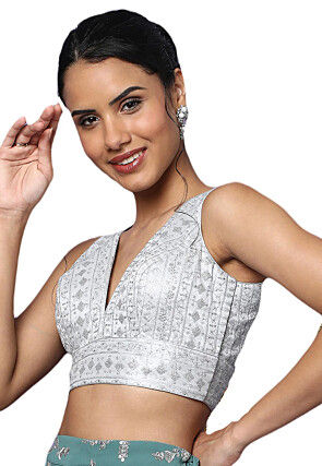 Embroidered Art Silk Blouse in Silver