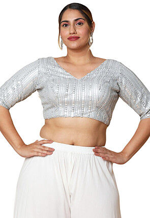 Embroidered Art Silk Blouse in Silver