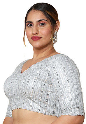 Embroidered Art Silk Blouse in Silver