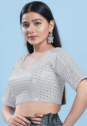 Embroidered Art Silk Blouse in Sliver