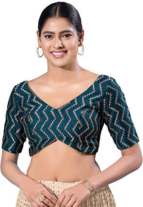 Embroidered Art Silk Blouse in Teal Blue