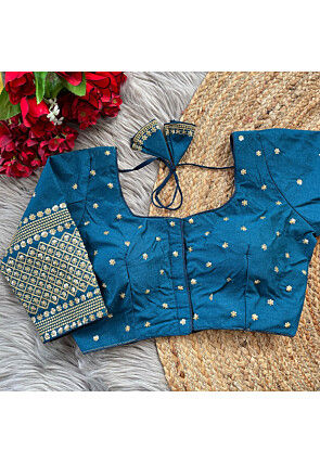 Embroidered Art Silk Blouse in Teal Blue