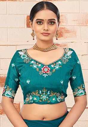 Embroidered Art Silk Blouse in Teal Green