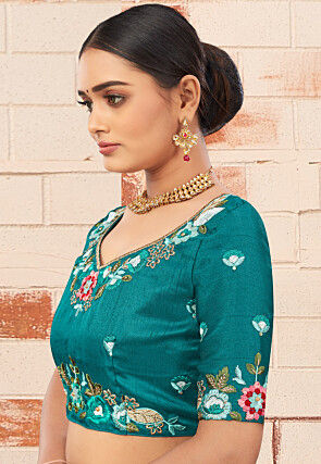 Embroidered Art Silk Blouse in Teal Green