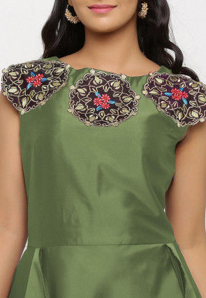 Embroidered Art Silk Cascade Pleated Gown in Dusty Green