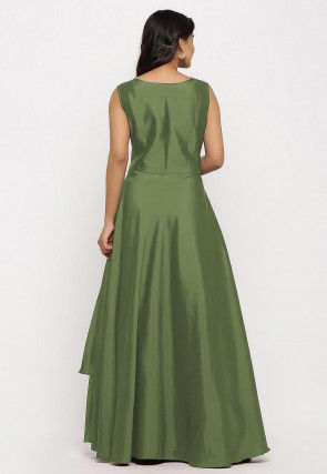 Embroidered Art Silk Cascade Pleated Gown in Dusty Green