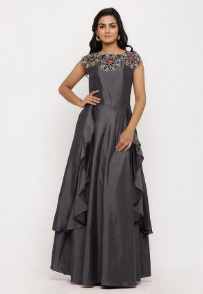 Embroidered Art Silk Cascade Pleated Gown in Grey