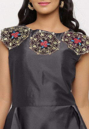 Embroidered Art Silk Cascade Pleated Gown in Grey