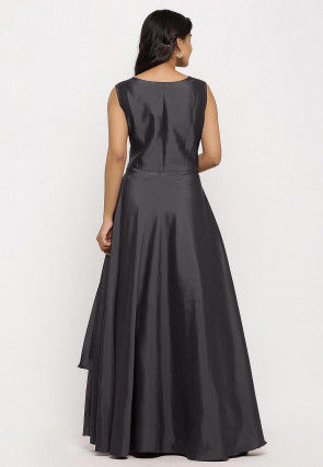 Embroidered Art Silk Cascade Pleated Gown in Grey