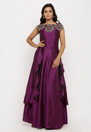 Embroidered Art Silk Cascade Pleated Gown in Purple