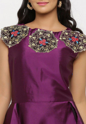 Embroidered Art Silk Cascade Pleated Gown in Purple