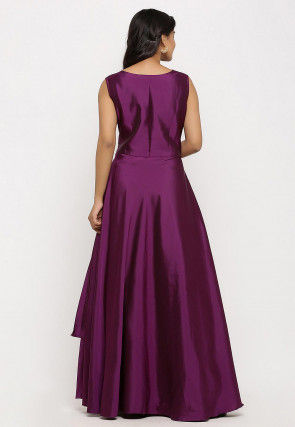 Embroidered Art Silk Cascade Pleated Gown in Purple