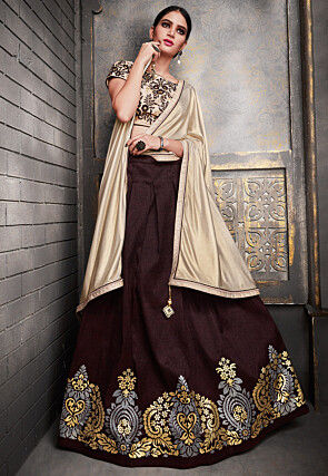 Embroidered Art Silk Circular Lehenga in Dark Brown