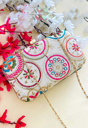 Embroidered Art Silk Clutch Bag in Beige