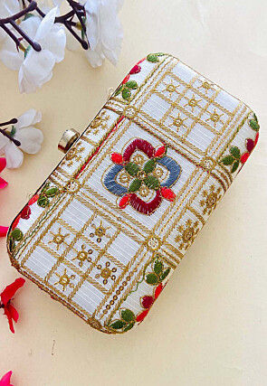 Embroidered Art Silk Clutch Bag in Beige