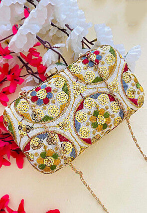 Embroidered Art Silk Clutch Bag in Beige