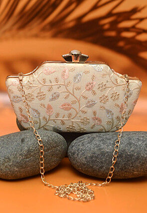 Embroidered Art Silk Clutch Bag in Beige