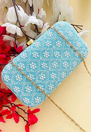 Embroidered Art Silk Clutch Bag in Blue