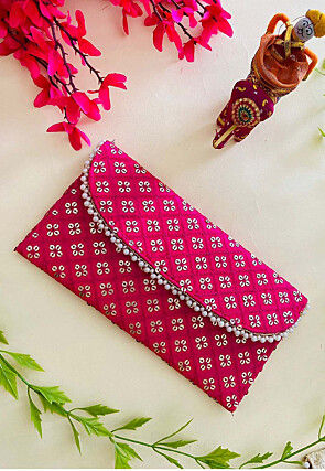 Embroidered Art Silk Clutch Bag in Fuchsia