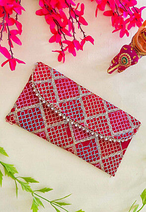 Embroidered Art Silk Clutch Bag in Fuchsia