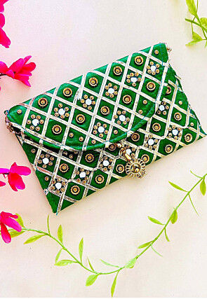 Embroidered Art Silk Clutch Bag in Green