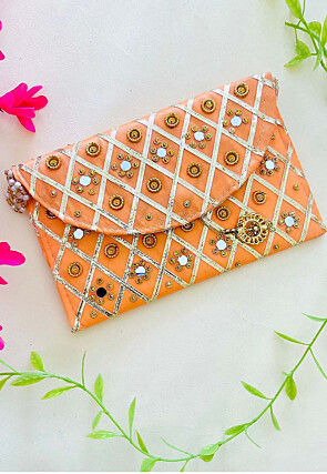 Embroidered Art Silk Clutch Bag in Light Orange