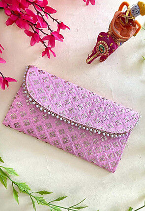 Embroidered Art Silk Clutch Bag in Light Purple