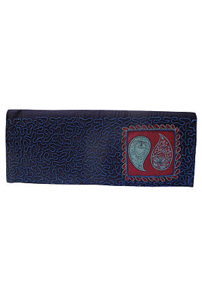 Embroidered Art Silk Clutch Bag in Navy Blue