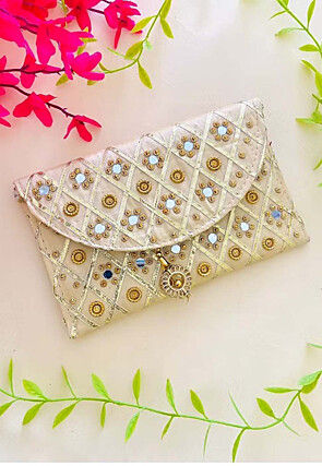 Embroidered Art Silk Clutch Bag in Off White