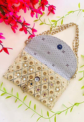 Embroidered Art Silk Clutch Bag in Off White