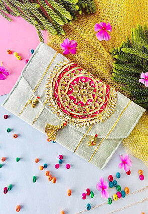 Embroidered Art Silk Clutch Bag in Off White