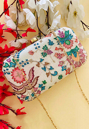 Embroidered Art Silk Clutch Bag in Off White