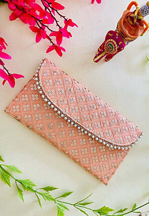 Embroidered Art Silk Clutch Bag in Peach