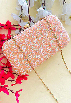 Embroidered Art Silk Clutch Bag in Peach