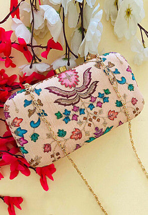 Embroidered Art Silk Clutch Bag in Peach