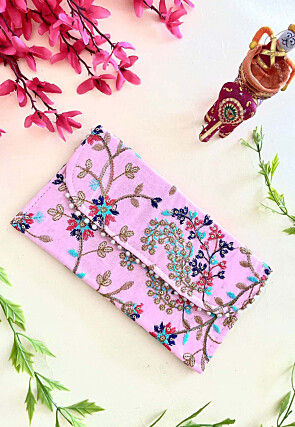 Embroidered Art Silk Clutch Bag in Pink