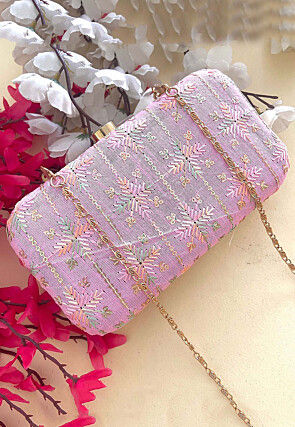 Embroidered Art Silk Clutch Bag in Pink
