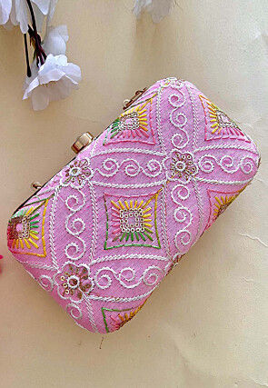 Embroidered Art Silk Clutch Bag in Pink