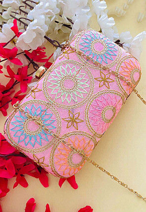 Embroidered Art Silk Clutch Bag in Pink