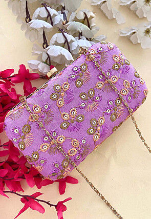 Embroidered Art Silk Clutch Bag in Purple