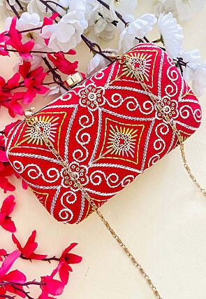 Embroidered Art Silk Clutch Bag in Red