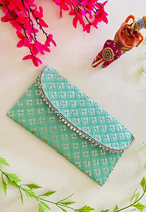 Embroidered Art Silk Clutch Bag in Sea Green